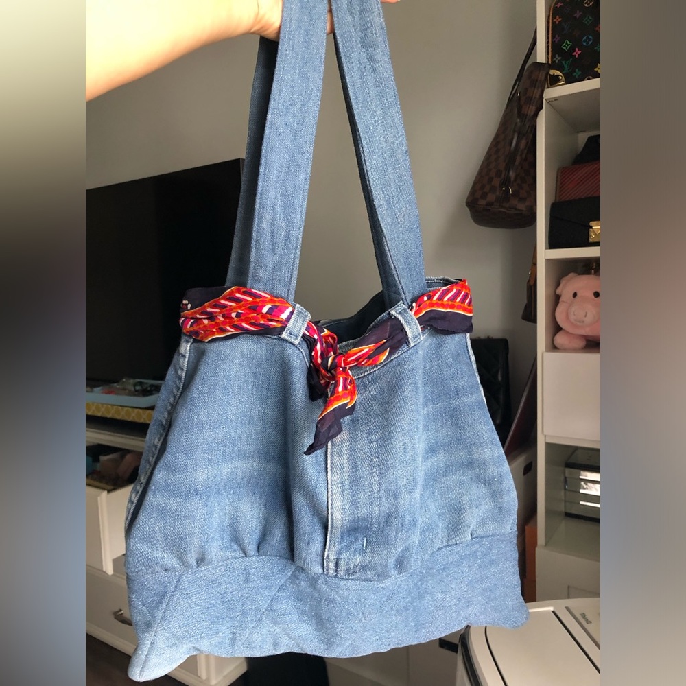 Handmade Denim Big Tote Bag with Red Patterned Scarf